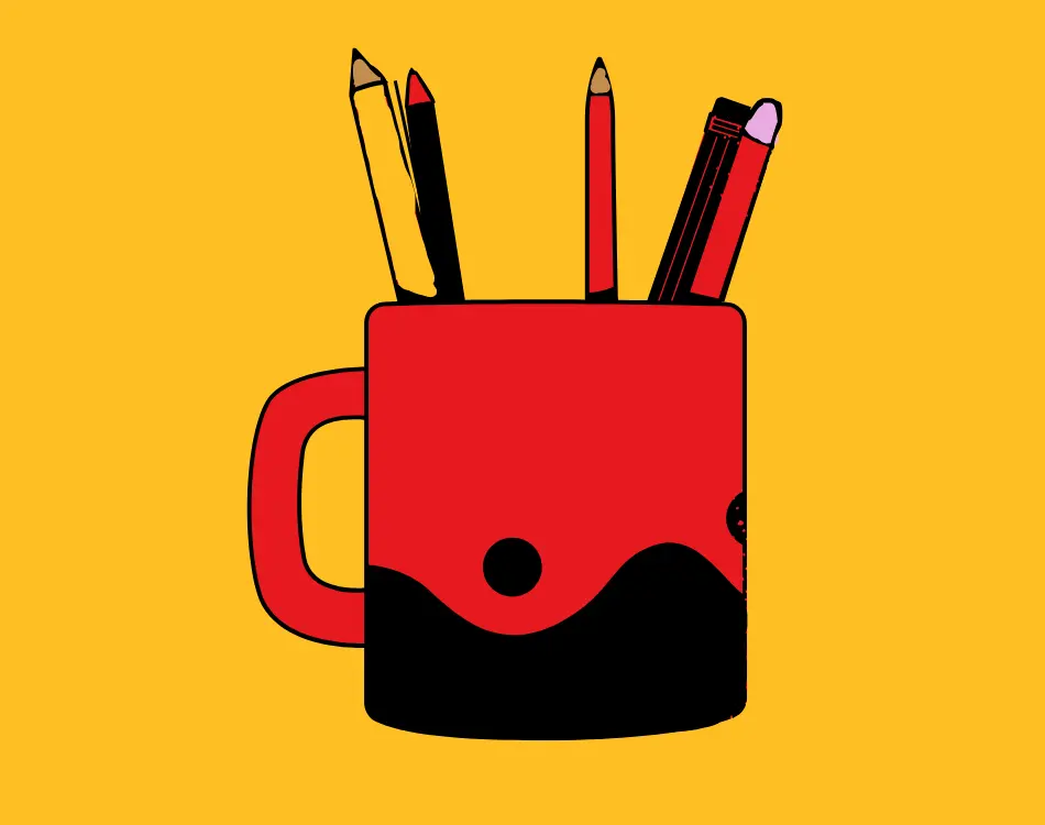 Red mug with pes and pencils for a customized learning experience